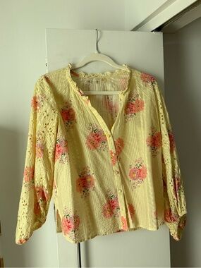 LoveShackFancy Yellow Floral Button-Down Eyelet Blouse